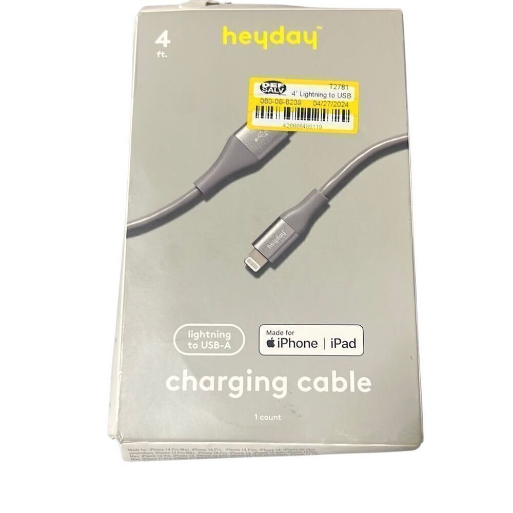Heyday 4' Lightning to USB-A Round Cable Apple Iphone Ipad‎ Gray Open Box New